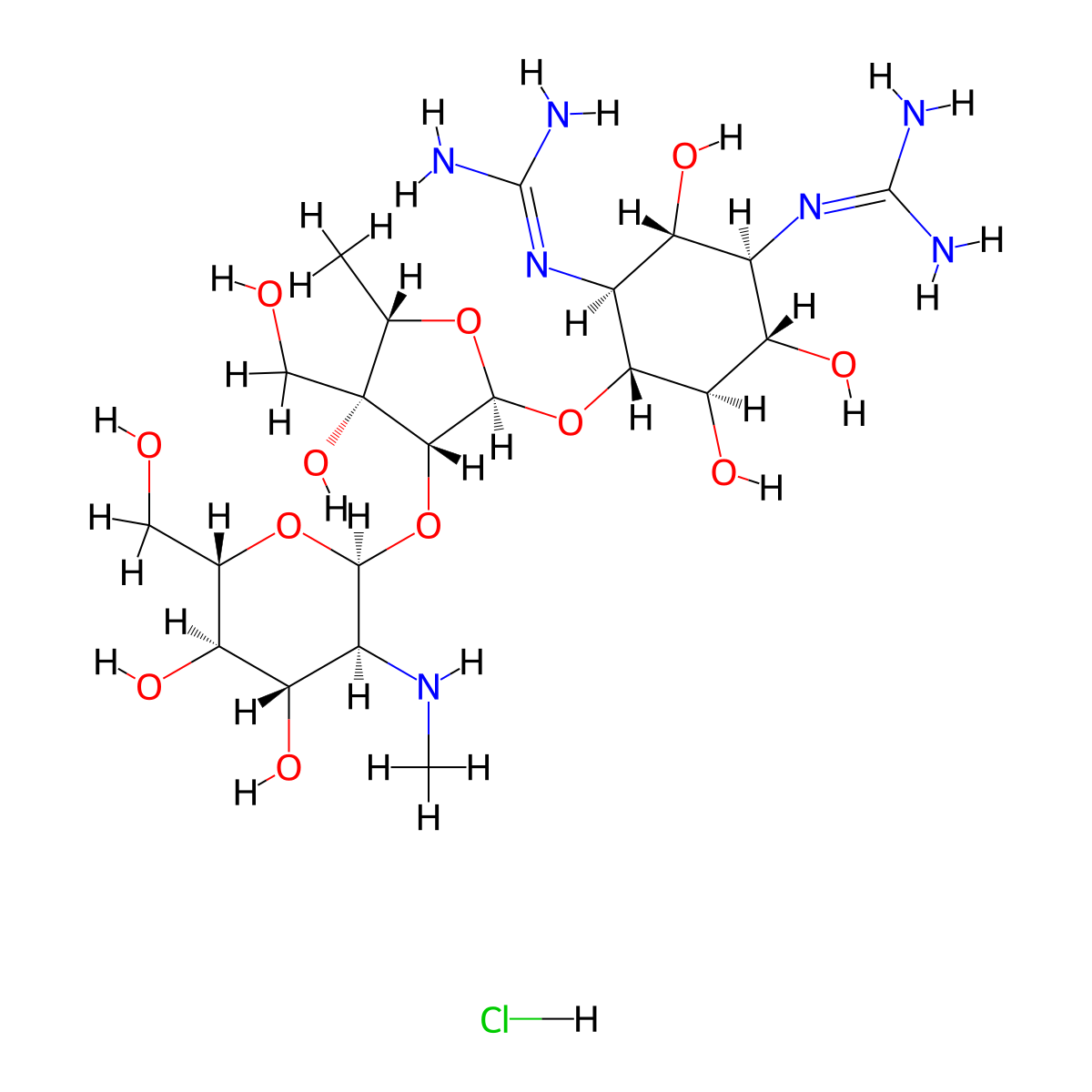 D-Streptamine, O-2-deoxy-2-(methylamino)-alpha-L-glucopyranosyl-(1->2)-O-5-deoxy-3-C-(hydroxymethyl)-alpha-L-lyxofuranosyl-(1->4)-N1,N3-bis(aminoiminomethyl)-, hydrochloride (1:?) molecular structure, CAS 7177-56-2