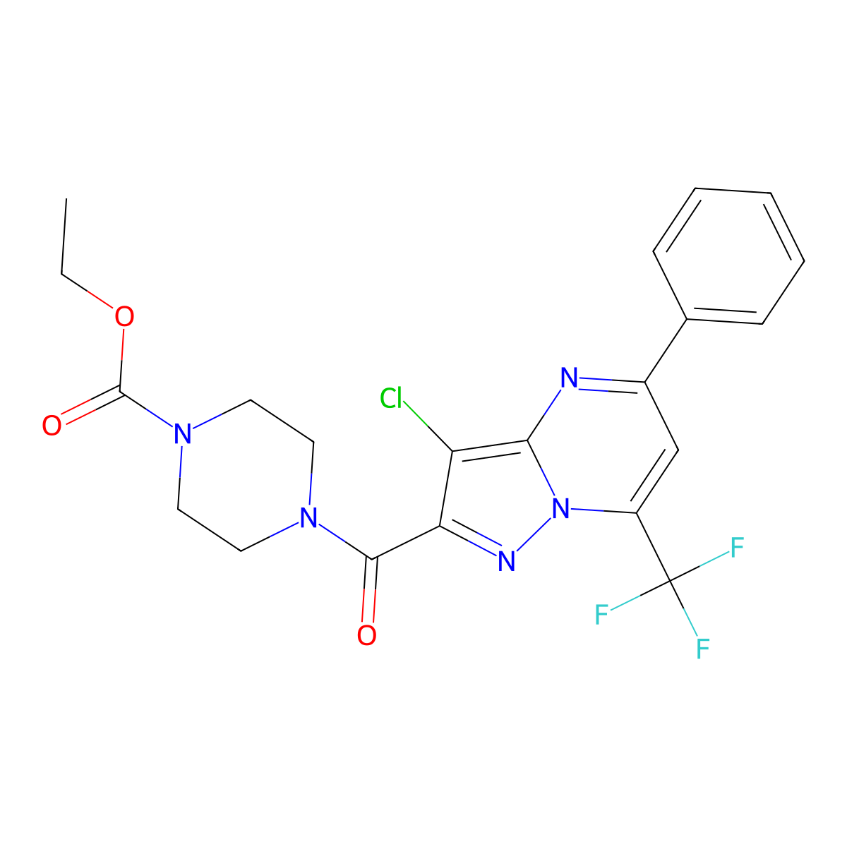 Ethyl 4-[3-chloro-5-phenyl-7-(trifluoromethyl)pyrazolo[1,5-a]pyrimidine-2-carbonyl]piperazine-1-carboxylate molecular structure, CAS 717827-76-4