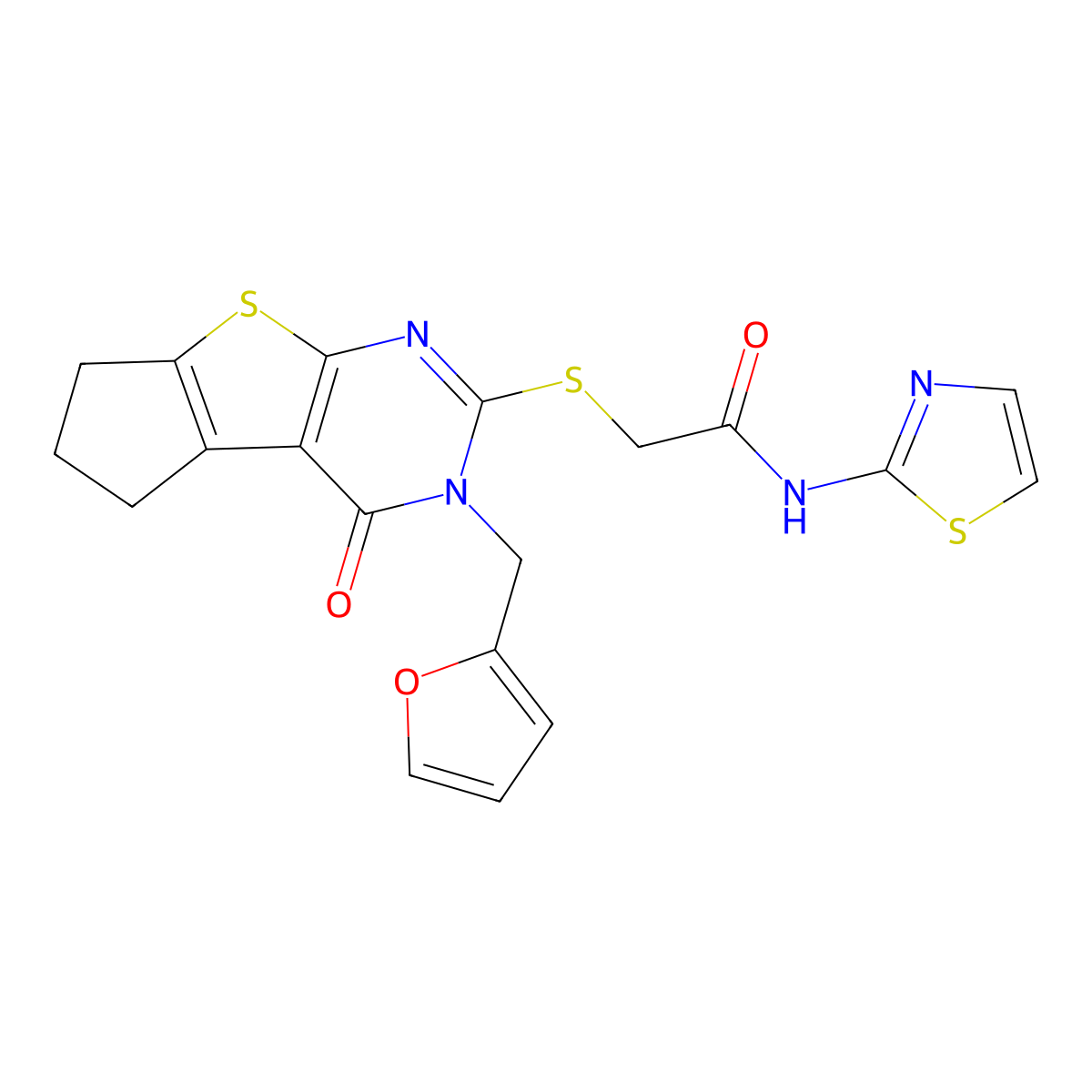 2-((3-(furan-2-ylmethyl)-4-oxo-4,5,6,7-tetrahydro-3H-cyclopenta[4,5]thieno[2,3-d]pyrimidin-2-yl)thio)-N-(thiazol-2-yl)acetamide molecular structure, CAS 717828-77-8