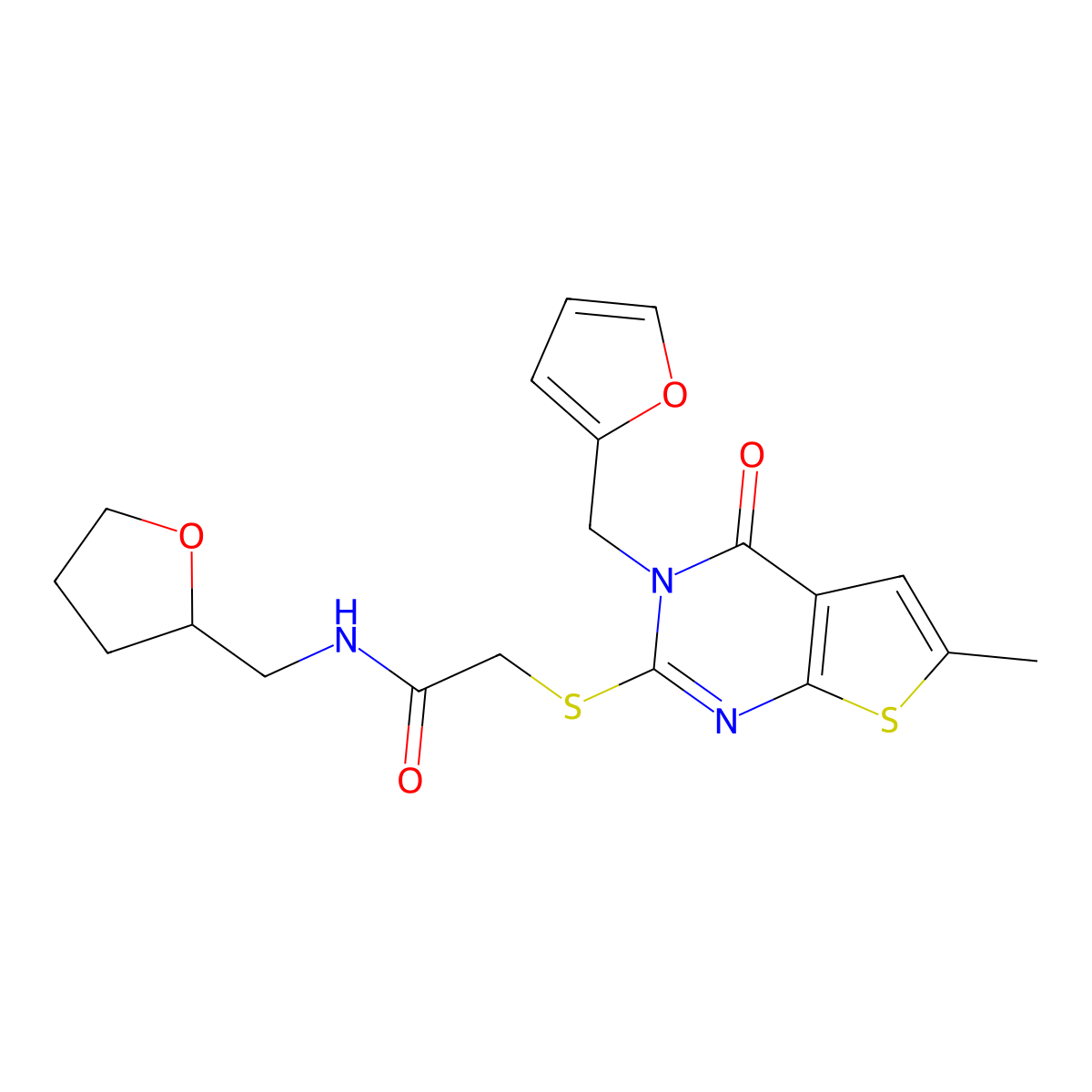 2-[3-(furan-2-ylmethyl)-6-methyl-4-oxothieno[2,3-d]pyrimidin-2-yl]sulfanyl-N-(oxolan-2-ylmethyl)acetamide molecular structure, CAS 717829-08-8