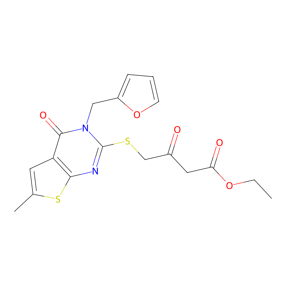 Ethyl 4-{[3-(2-furylmethyl)-6-methyl-4-oxo-3,4-dihydrothieno[2,3-d]pyrimidin-2-yl]thio}-3-oxobutanoate molecular structure, CAS 717830-08-5