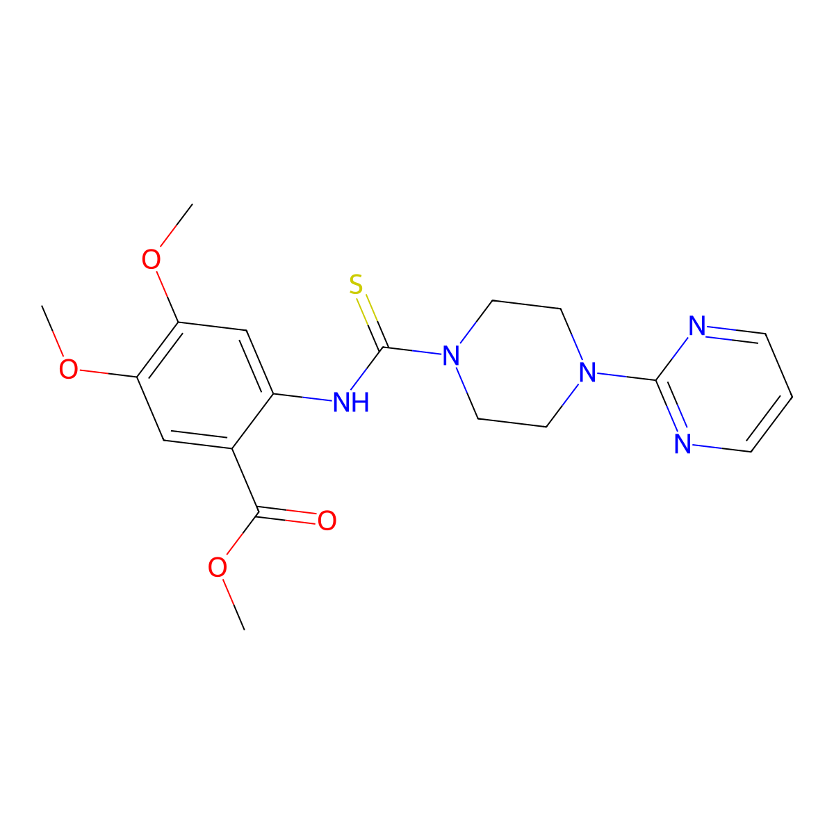 Methyl 4,5-dimethoxy-2-(4-(pyrimidin-2-yl)piperazine-1-carbothioamido)benzoate molecular structure, CAS 717830-15-4