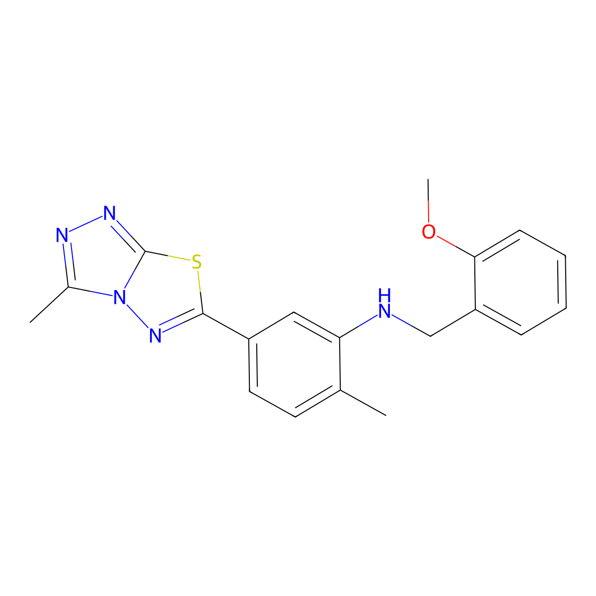 N-[(2-methoxyphenyl)methyl]-2-methyl-5-(3-methyl-[1,2,4]triazolo[3,4-b][1,3,4]thiadiazol-6-yl)aniline molecular structure, CAS 717830-46-1