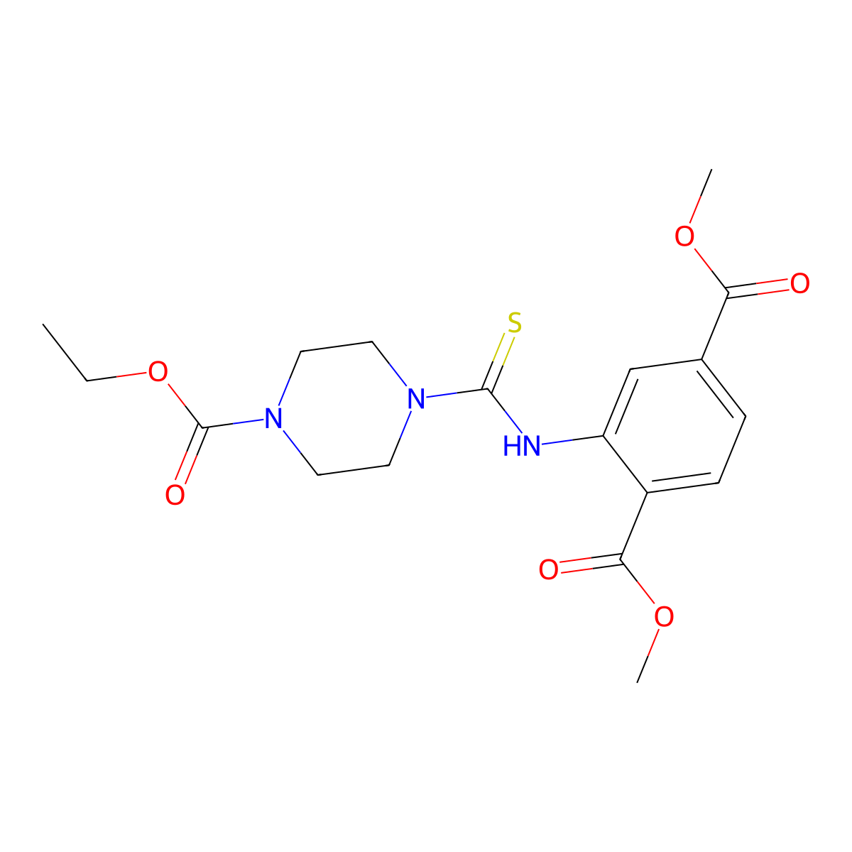 Dimethyl 2-[(4-ethoxycarbonylpiperazine-1-carbothioyl)amino]benzene-1,4-dicarboxylate molecular structure, CAS 717830-79-0