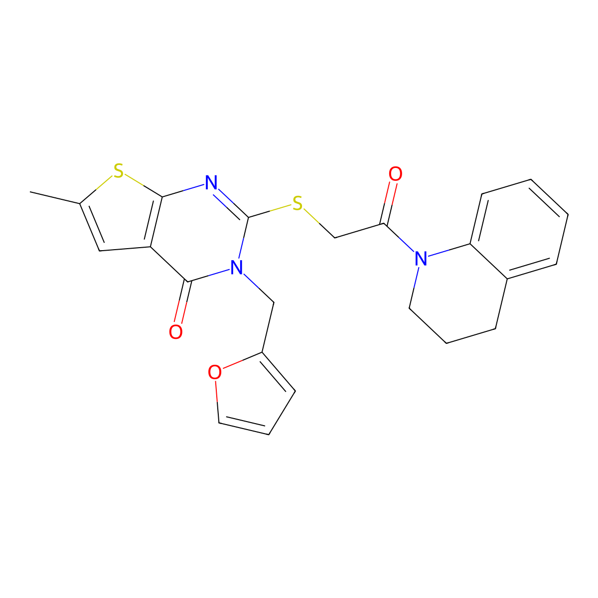 2-{[2-(3,4-dihydro-1(2H)-quinolinyl)-2-oxoethyl]thio}-3-(2-furylmethyl)-6-methylthieno[2,3-d]pyrimidin-4(3H)-one molecular structure, CAS 717831-39-5