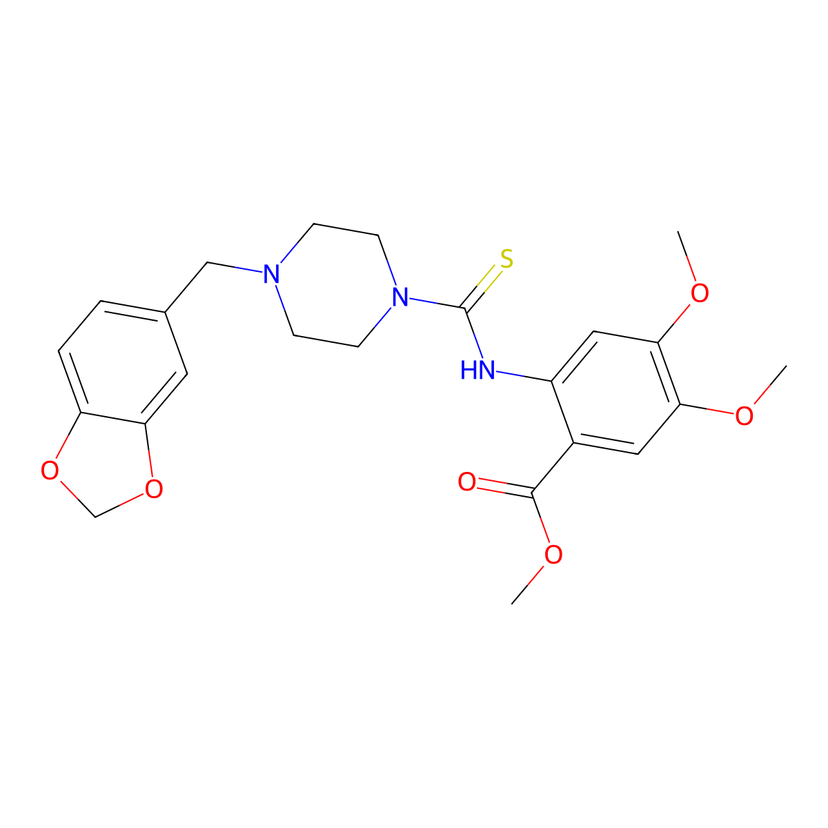 Methyl 2-(4-(benzo[d][1,3]dioxol-5-ylmethyl)piperazine-1-carbothioamido)-4,5-dimethoxybenzoate molecular structure, CAS 717832-29-6