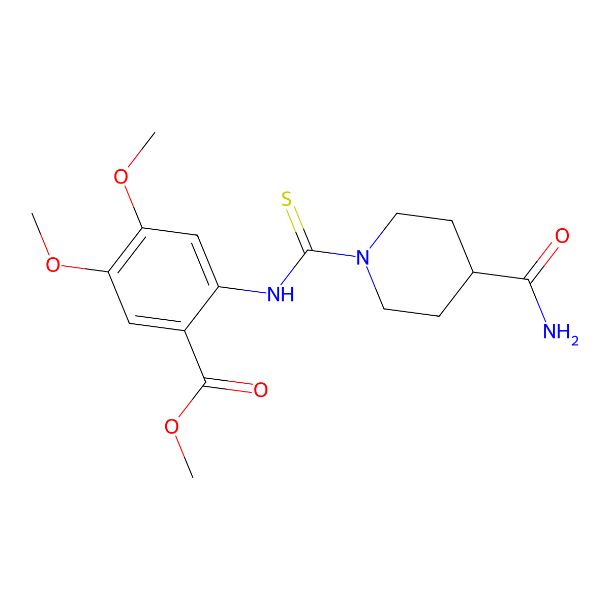 Methyl 2-({[4-(aminocarbonyl)-1-piperidinyl]carbonothioyl}amino)-4,5-dimethoxybenzoate molecular structure, CAS 717832-35-4