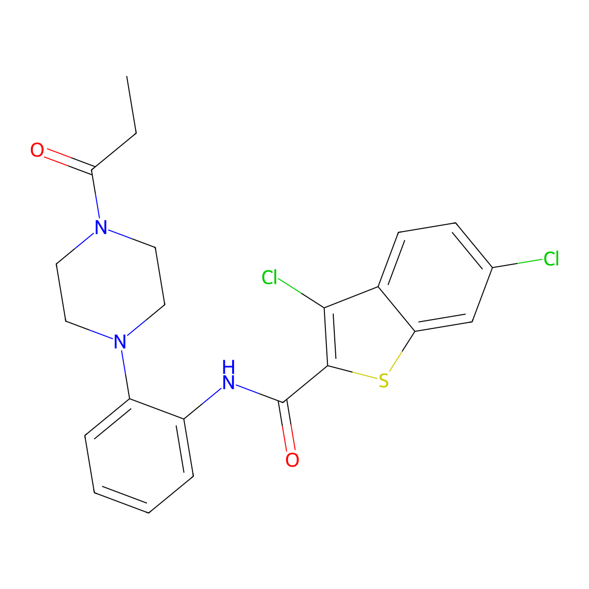 3,6-dichloro-N-[2-(4-propanoylpiperazin-1-yl)phenyl]-1-benzothiophene-2-carboxamide molecular structure, CAS 717834-17-8