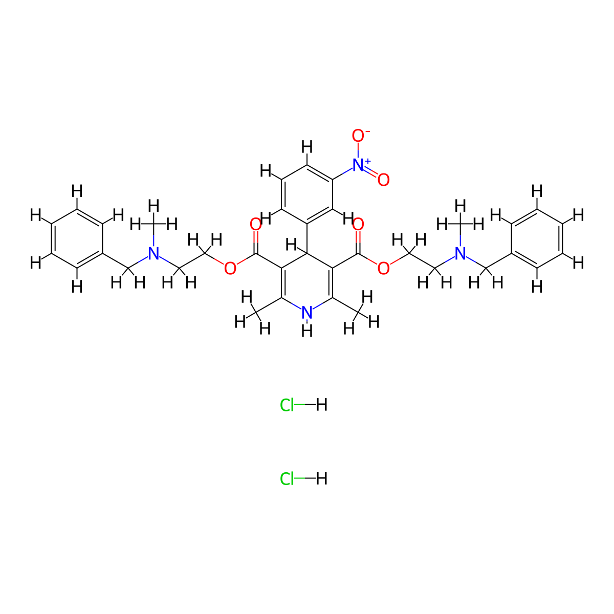Bis{2-[benzyl(methyl)amino]ethyl} 2,6-dimethyl-4-(3-nitrophenyl)-1,4-dihydropyridine-3,5-dicarboxylate dihydrochloride molecular structure, CAS 71784-27-5