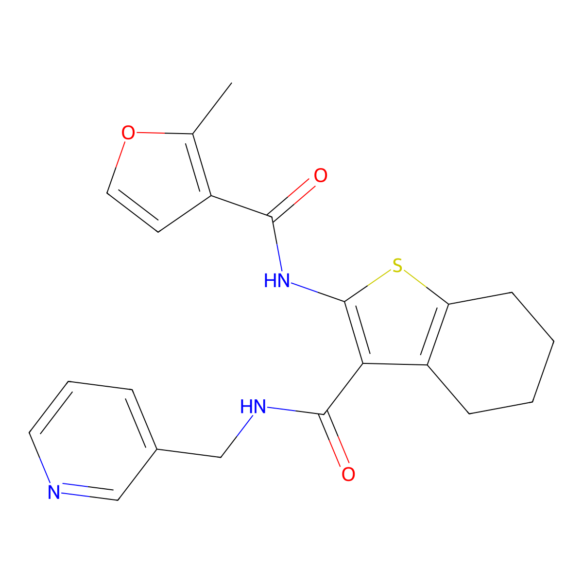 2-methyl-N-[3-(pyridin-3-ylmethylcarbamoyl)-4,5,6,7-tetrahydro-1-benzothiophen-2-yl]furan-3-carboxamide molecular structure, CAS 717854-61-0