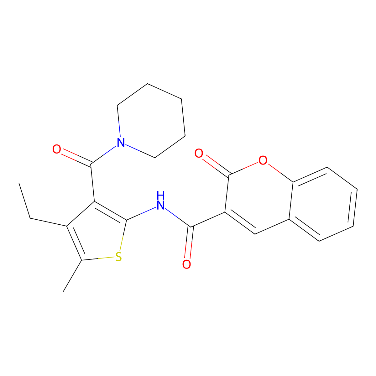 N-[4-ethyl-5-methyl-3-(piperidine-1-carbonyl)thiophen-2-yl]-2-oxochromene-3-carboxamide molecular structure, CAS 717856-38-7