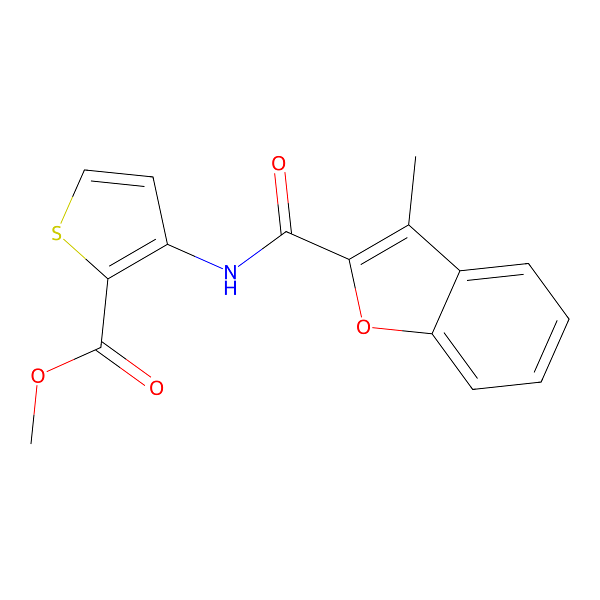 Methyl 3-{[(3-methyl-1-benzofuran-2-yl)carbonyl]amino}thiophene-2-carboxylate molecular structure, CAS 717859-08-0