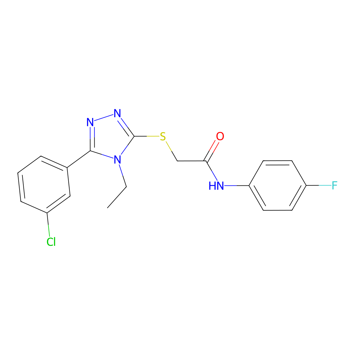 2-[[5-(3-chlorophenyl)-4-ethyl-1,2,4-triazol-3-yl]sulfanyl]-N-(4-fluorophenyl)acetamide molecular structure, CAS 717860-84-9
