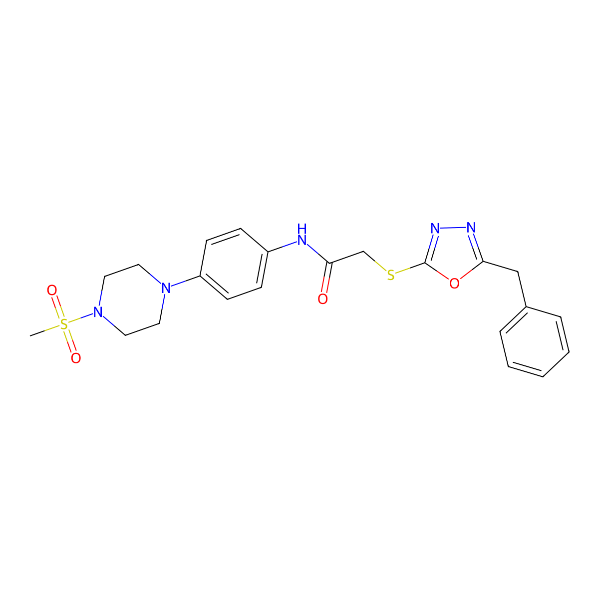 2-[(5-benzyl-1,3,4-oxadiazol-2-yl)sulfanyl]-N-[4-(4-methylsulfonylpiperazin-1-yl)phenyl]acetamide molecular structure, CAS 717863-81-5