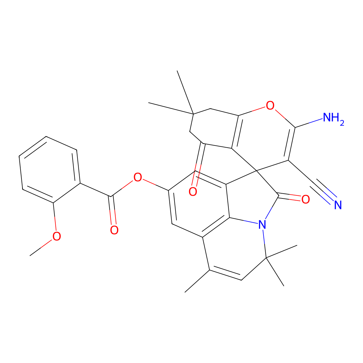 2-amino-3-cyano-4',4',6',7,7-pentamethyl-2',5-dioxo-5,6,7,8-tetrahydro-4'H-spiro[chromene-4,1'-pyrrolo[3,2,1-ij]quinolin]-8'-yl 2-methoxybenzoate molecular structure, CAS 717864-62-5