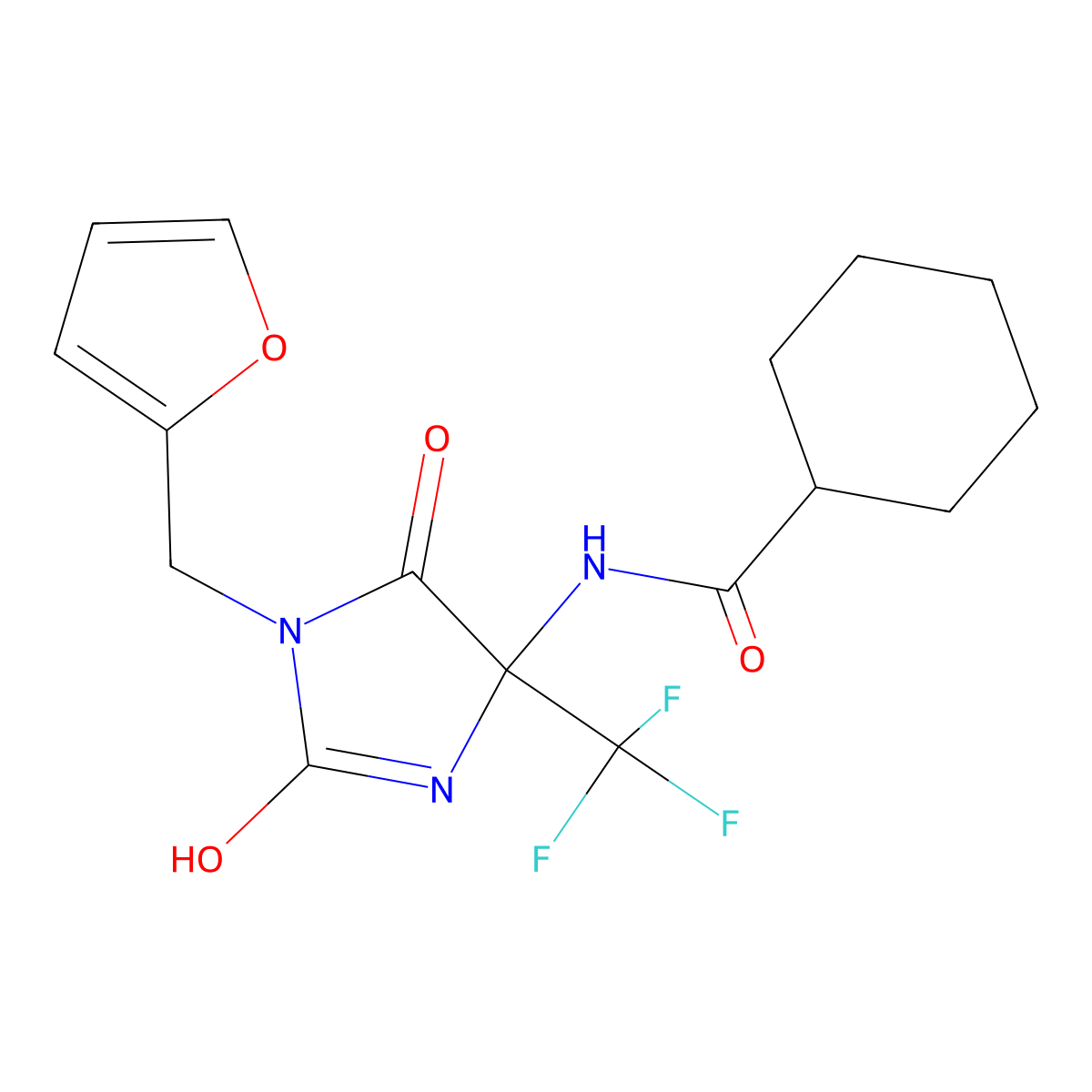 N-[1-(furan-2-ylmethyl)-2,5-dioxo-4-(trifluoromethyl)imidazolidin-4-yl]cyclohexanecarboxamide molecular structure, CAS 717865-16-2