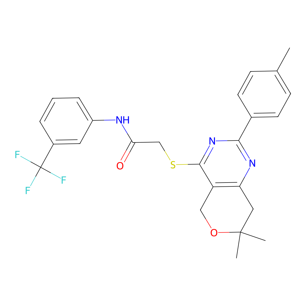 2-[[7,7-dimethyl-2-(4-methylphenyl)-5,8-dihydropyrano[4,3-d]pyrimidin-4-yl]sulfanyl]-N-[3-(trifluoromethyl)phenyl]acetamide molecular structure, CAS 717865-42-4