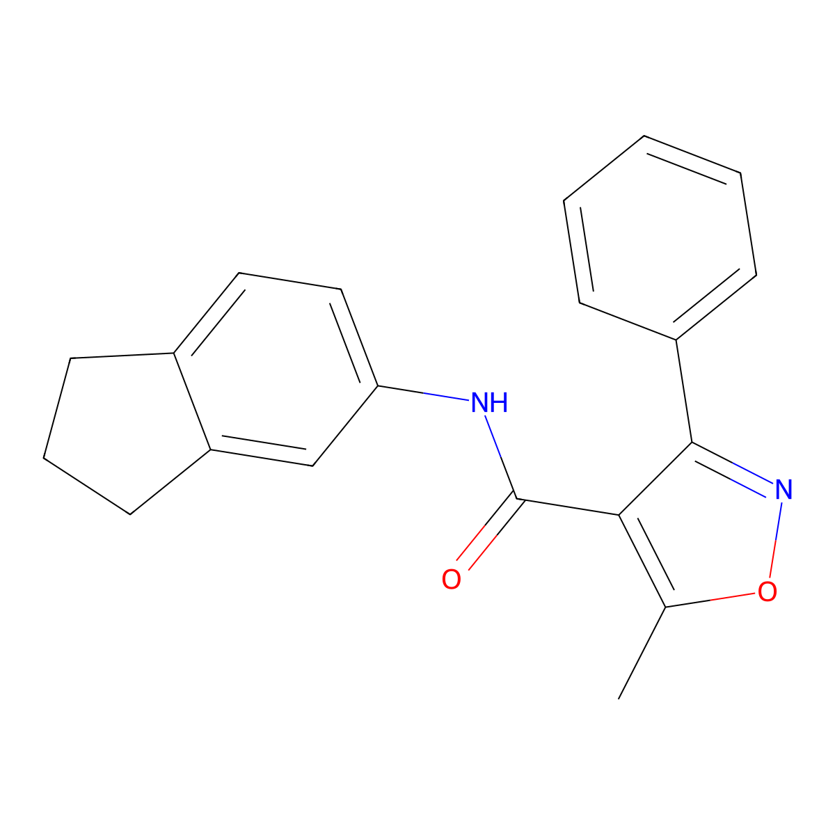 N-(2,3-dihydro-1H-inden-5-yl)-5-methyl-3-phenyl-1,2-oxazole-4-carboxamide molecular structure, CAS 717867-50-0
