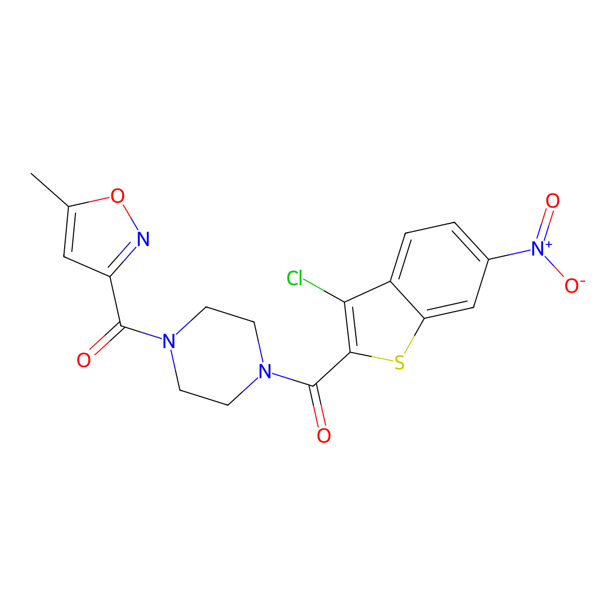 [4-(3-Chloro-6-nitro-1-benzothiophene-2-carbonyl)piperazin-1-yl]-(5-methyl-1,2-oxazol-3-yl)methanone molecular structure, CAS 717867-70-4