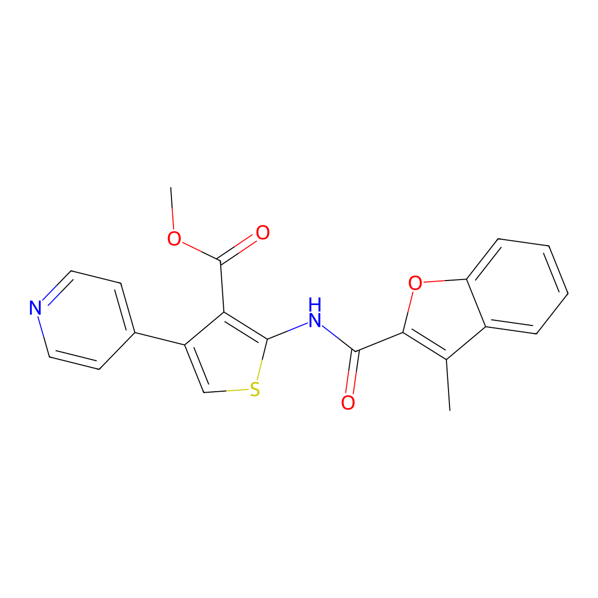 Methyl 2-{[(3-methyl-1-benzofuran-2-yl)carbonyl]amino}-4-(pyridin-4-yl)thiophene-3-carboxylate molecular structure, CAS 717868-33-2