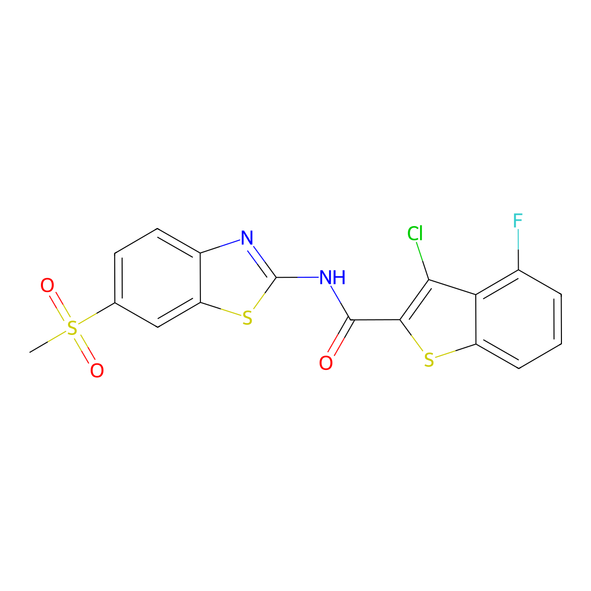 3-chloro-4-fluoro-N-(6-methylsulfonyl-1,3-benzothiazol-2-yl)-1-benzothiophene-2-carboxamide molecular structure, CAS 717868-58-1