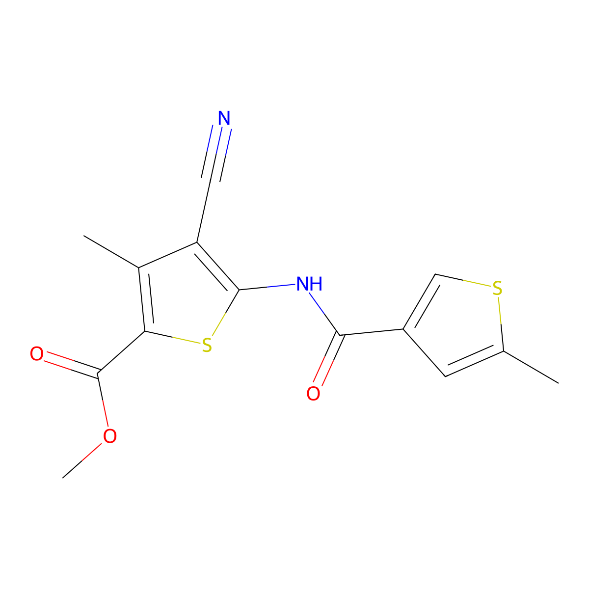Methyl 4-cyano-3-methyl-5-{[(5-methylthiophen-3-yl)carbonyl]amino}thiophene-2-carboxylate molecular structure, CAS 717868-99-0