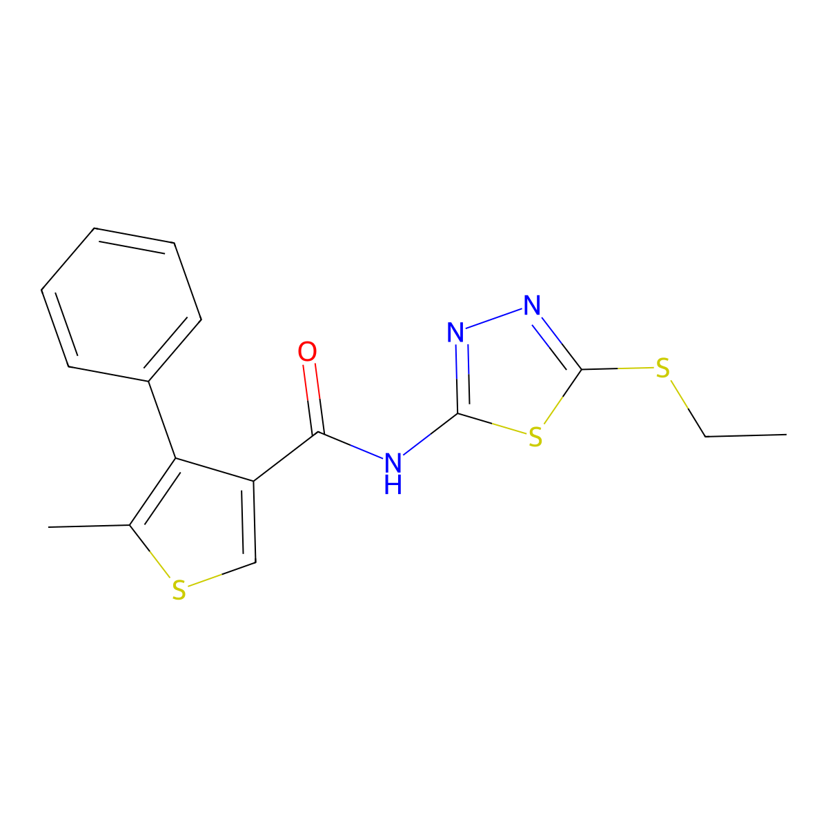 N-(5-ethylsulfanyl-1,3,4-thiadiazol-2-yl)-5-methyl-4-phenylthiophene-3-carboxamide molecular structure, CAS 717869-34-6