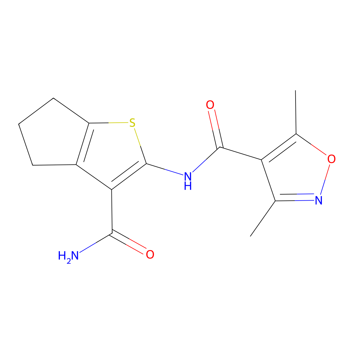 N-(3-carbamoyl-5,6-dihydro-4H-cyclopenta[b]thiophen-2-yl)-3,5-dimethyl-1,2-oxazole-4-carboxamide molecular structure, CAS 717869-76-6