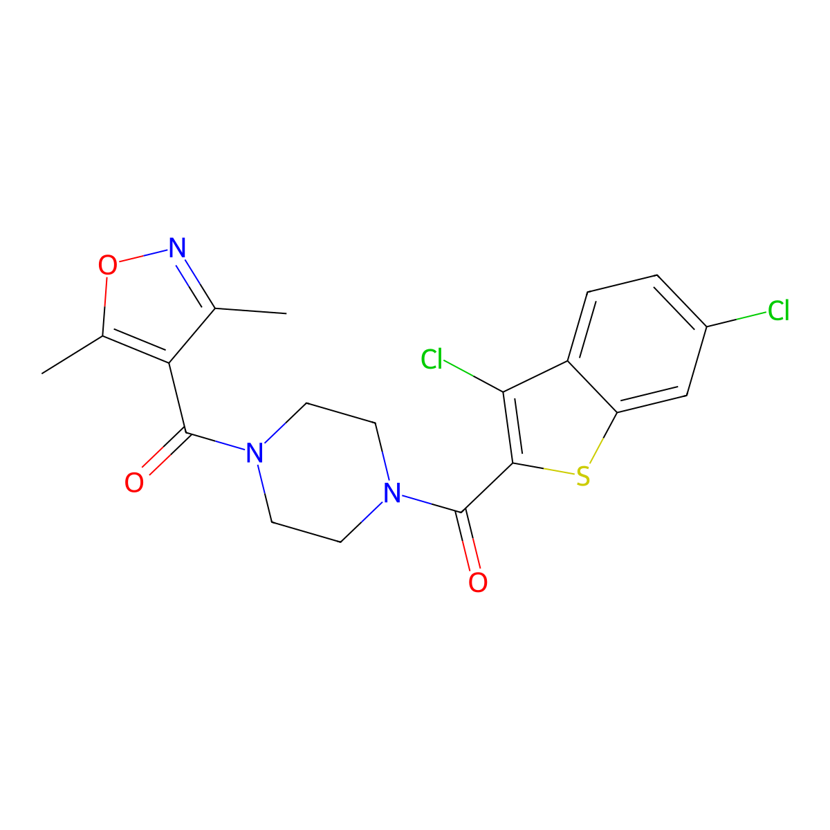 1-[(3,6-Dichloro-1-benzothien-2-yl)carbonyl]-4-[(3,5-dimethyl-4-isoxazolyl)carbonyl]piperazine molecular structure, CAS 717870-03-6