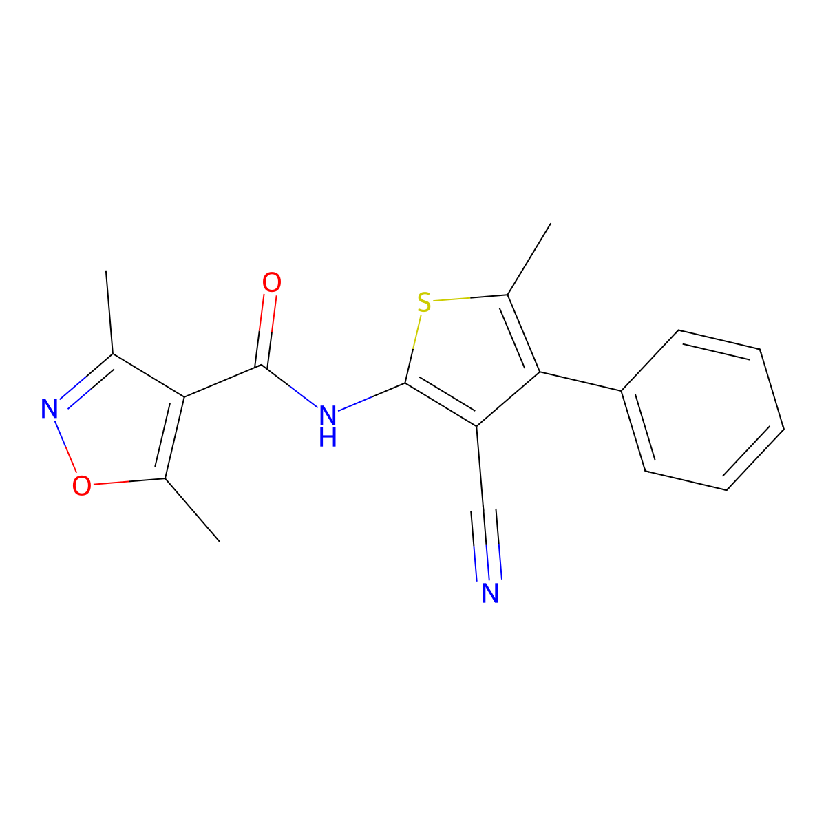 N-(3-cyano-5-methyl-4-phenyl-2-thiophenyl)-3,5-dimethyl-4-isoxazolecarboxamide molecular structure, CAS 717870-53-6