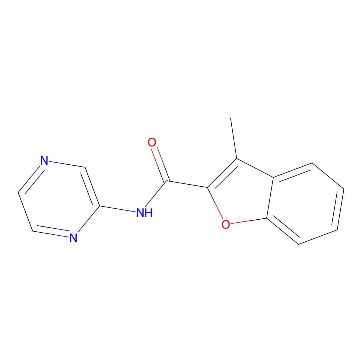 3-methyl-N-2-pyrazinyl-1-benzofuran-2-carboxamide molecular structure, CAS 717873-54-6