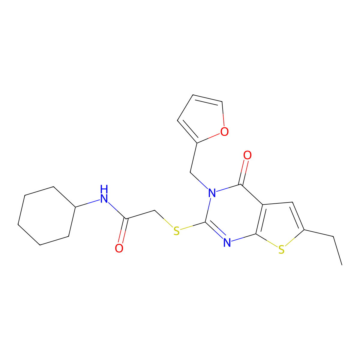 N-cyclohexyl-2-[6-ethyl-3-(furan-2-ylmethyl)-4-oxothieno[2,3-d]pyrimidin-2-yl]sulfanylacetamide molecular structure, CAS 717874-16-3