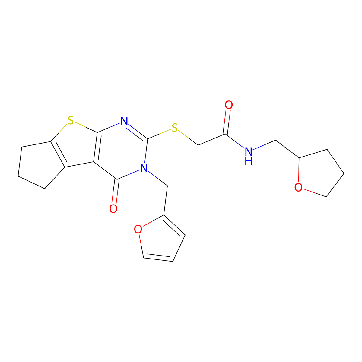 2-({11-[(furan-2-yl)methyl]-12-oxo-7-thia-9,11-diazatricyclo[6.4.0.0^{2,6}]dodeca-1(8),2(6),9-trien-10-yl}sulfanyl)-N-[(oxolan-2-yl)methyl]acetamide molecular structure, CAS 717874-72-1