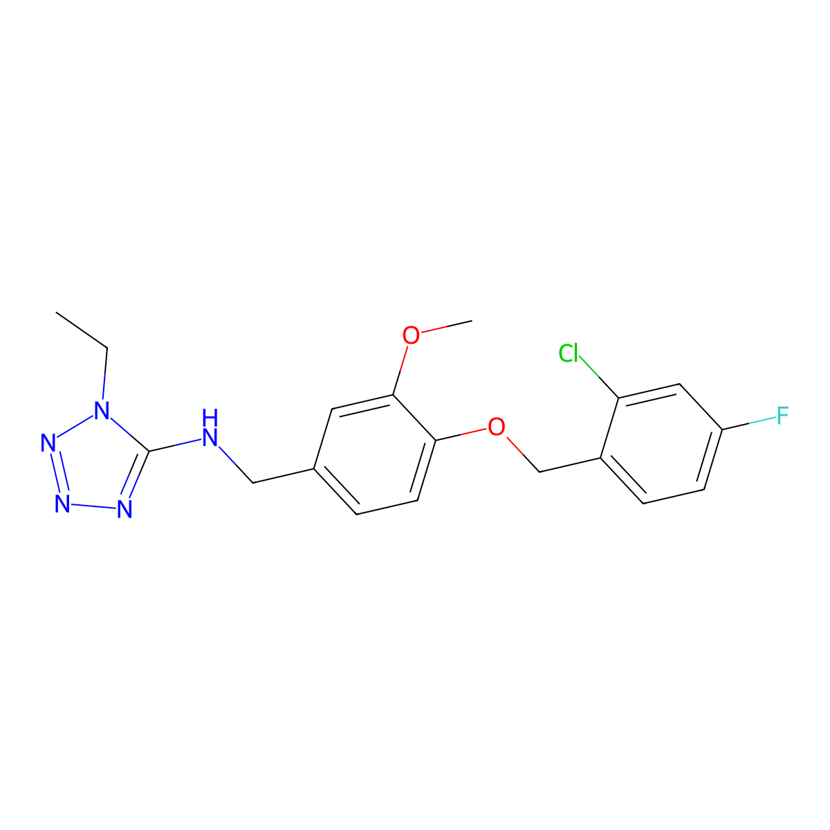 N-{4-[(2-chloro-4-fluorobenzyl)oxy]-3-methoxybenzyl}-1-ethyl-1H-tetrazol-5-amine molecular structure, CAS 717874-93-6
