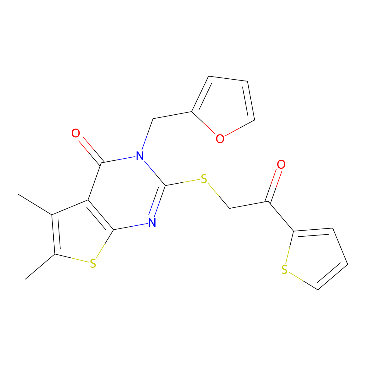 3-[(furan-2-yl)methyl]-5,6-dimethyl-2-{[2-oxo-2-(thiophen-2-yl)ethyl]sulfanyl}-3H,4H-thieno[2,3-d]pyrimidin-4-one molecular structure, CAS 717875-08-6