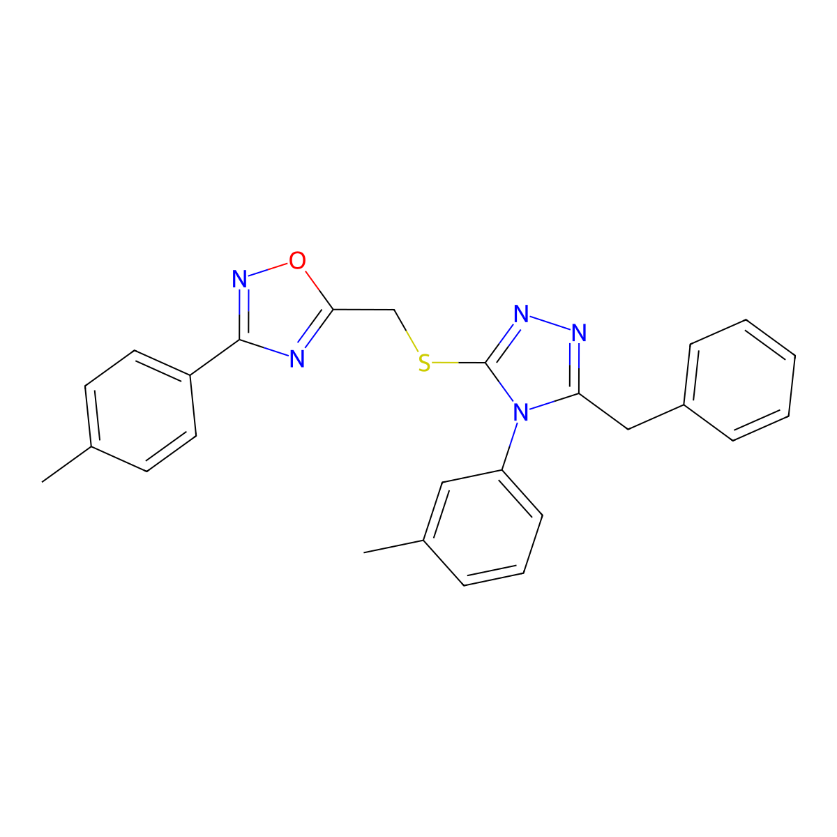 5-({[5-benzyl-4-(3-methylphenyl)-4H-1,2,4-triazol-3-yl]thio}methyl)-3-(4-methylphenyl)-1,2,4-oxadiazole molecular structure, CAS 717875-74-6