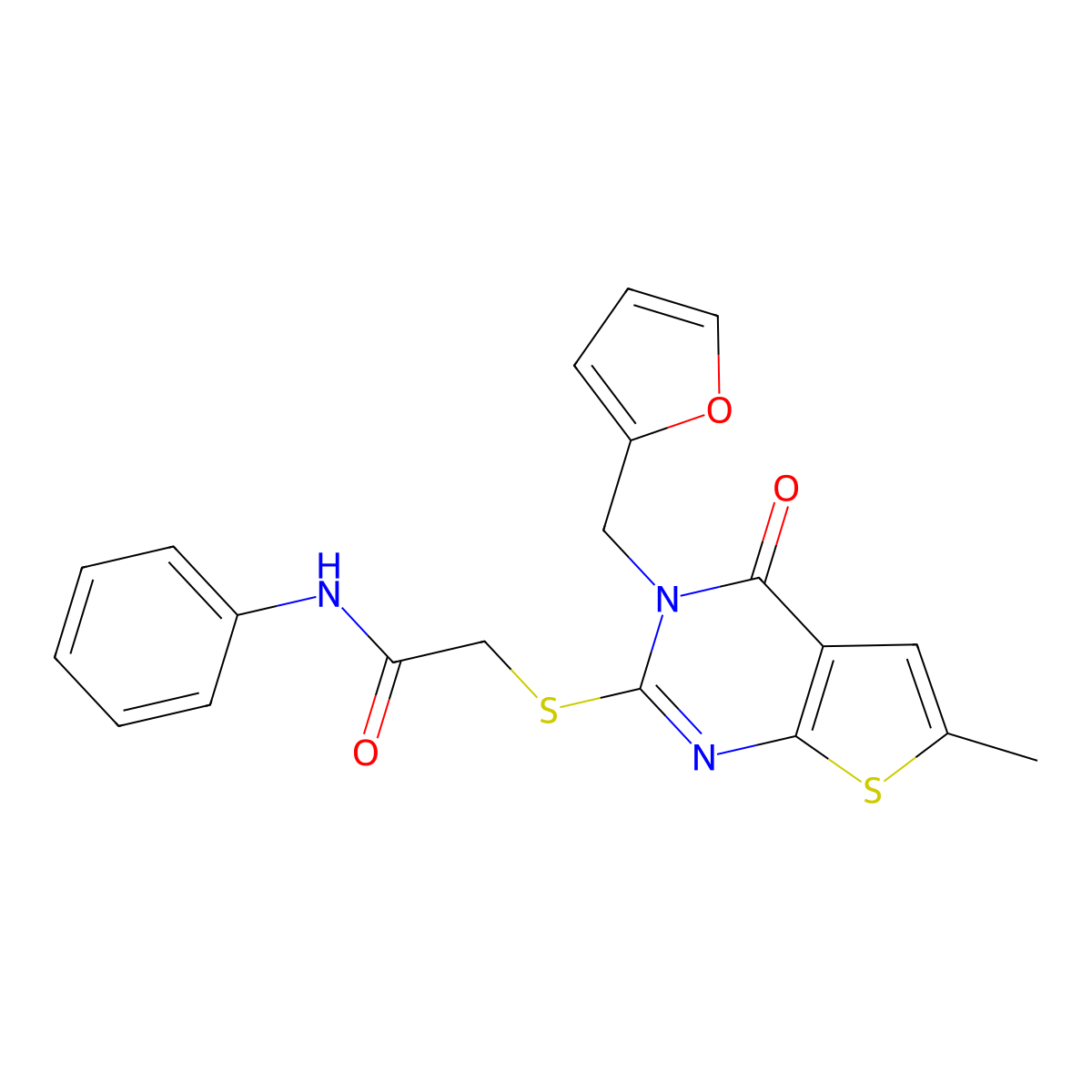 2-({3-[(furan-2-yl)methyl]-6-methyl-4-oxo-3H,4H-thieno[2,3-d]pyrimidin-2-yl}sulfanyl)-N-phenylacetamide molecular structure, CAS 717876-07-8