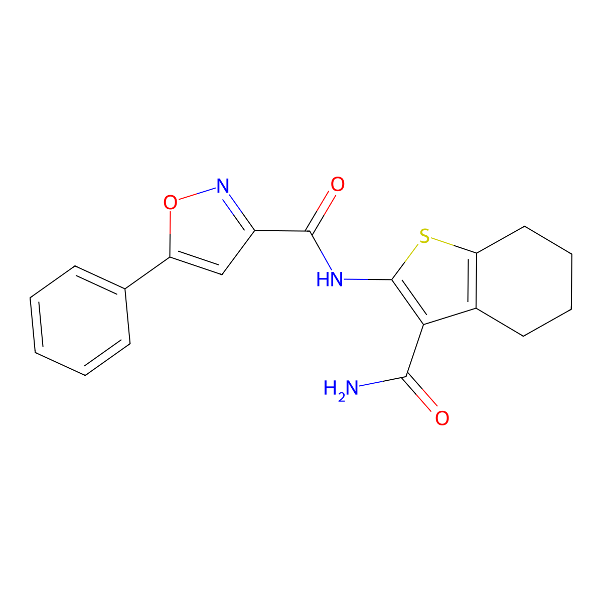 N-(3-carbamoyl-4,5,6,7-tetrahydro-1-benzothiophen-2-yl)-5-phenyl-1,2-oxazole-3-carboxamide molecular structure, CAS 717877-68-4