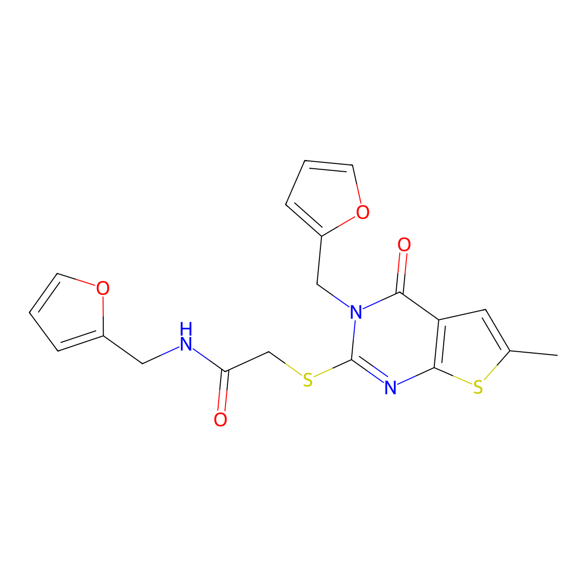 N-[(furan-2-yl)methyl]-2-({3-[(furan-2-yl)methyl]-6-methyl-4-oxo-3H,4H-thieno[2,3-d]pyrimidin-2-yl}sulfanyl)acetamide molecular structure, CAS 717877-76-4