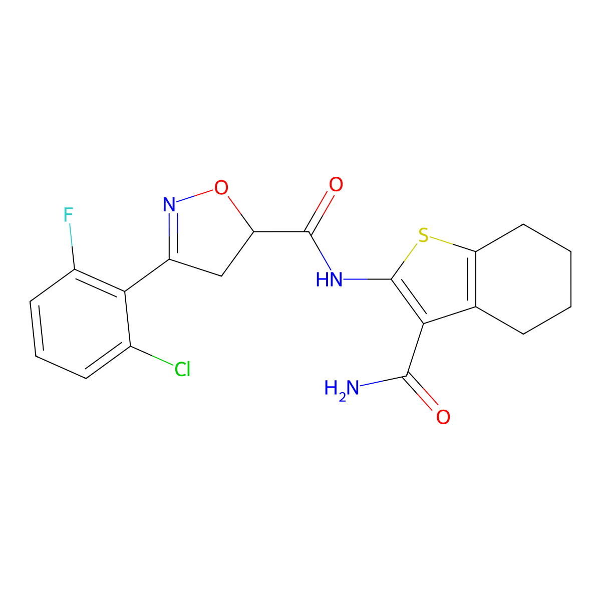 N-(3-carbamoyl-4,5,6,7-tetrahydro-1-benzothiophen-2-yl)-3-(2-chloro-6-fluorophenyl)-4,5-dihydro-1,2-oxazole-5-carboxamide molecular structure, CAS 717878-27-8