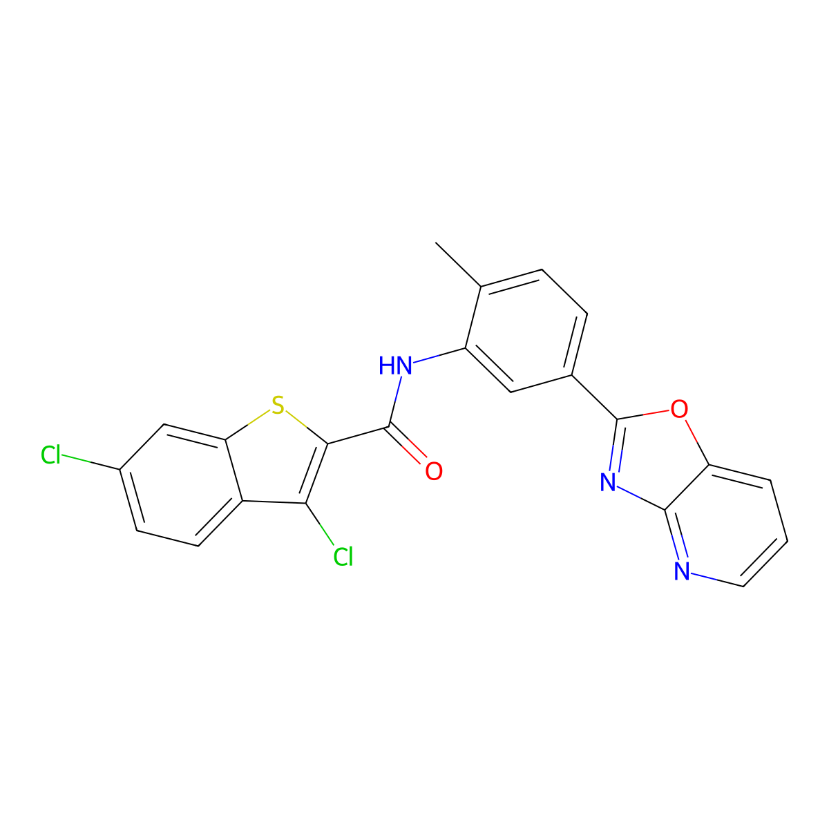 3,6-dichloro-N-[2-methyl-5-([1,3]oxazolo[4,5-b]pyridin-2-yl)phenyl]-1-benzothiophene-2-carboxamide molecular structure, CAS 717878-97-2