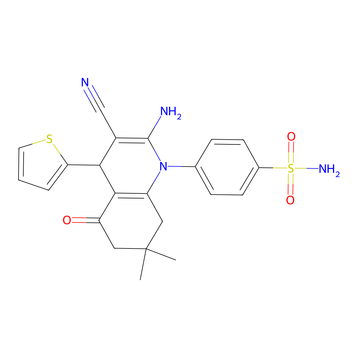 4-(2-amino-3-cyano-7,7-dimethyl-5-oxo-4-thiophen-2-yl-6,8-dihydro-4H-quinolin-1-yl)benzenesulfonamide molecular structure, CAS 717891-32-2