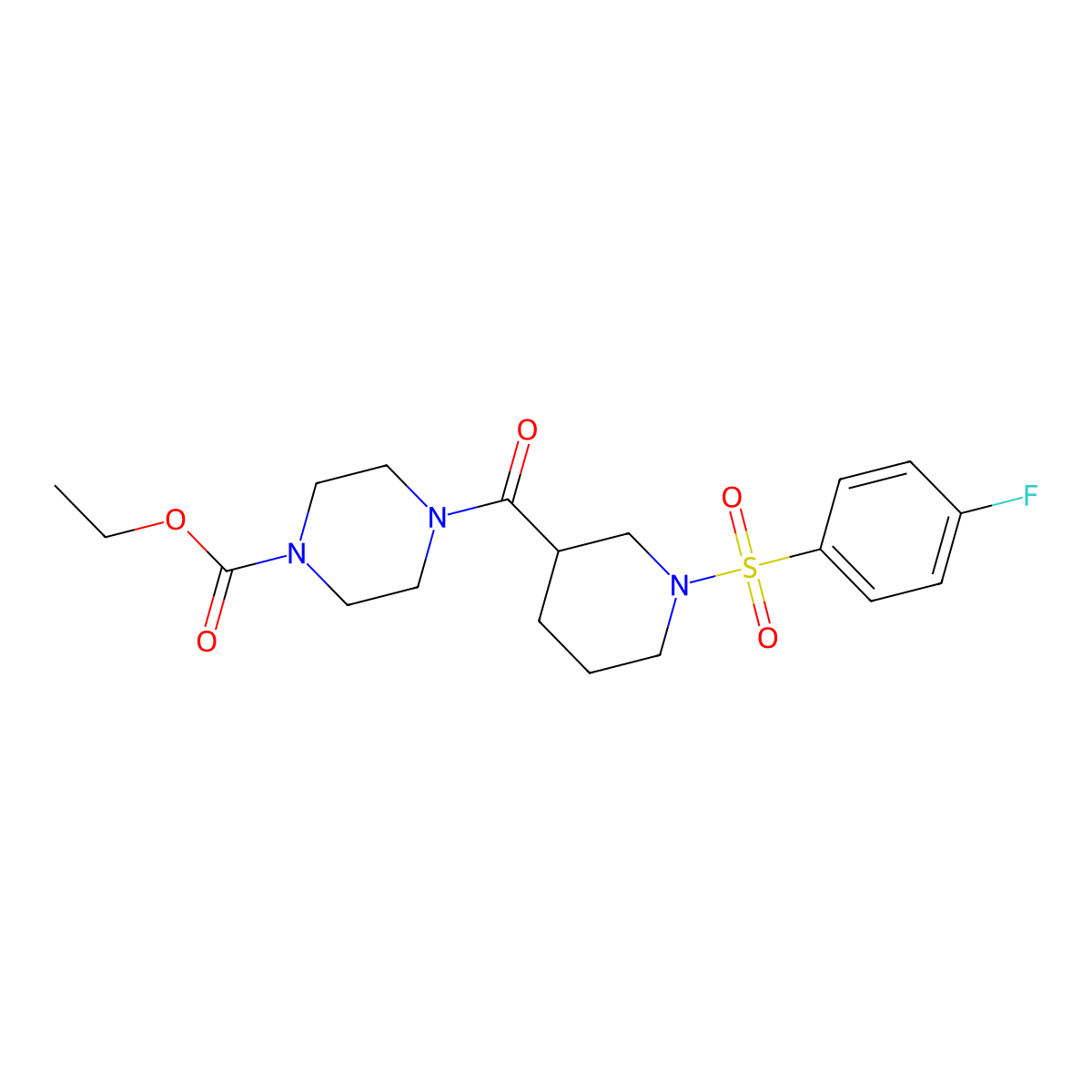Ethyl 4-[1-(4-fluorophenyl)sulfonylpiperidine-3-carbonyl]piperazine-1-carboxylate molecular structure, CAS 717892-17-6