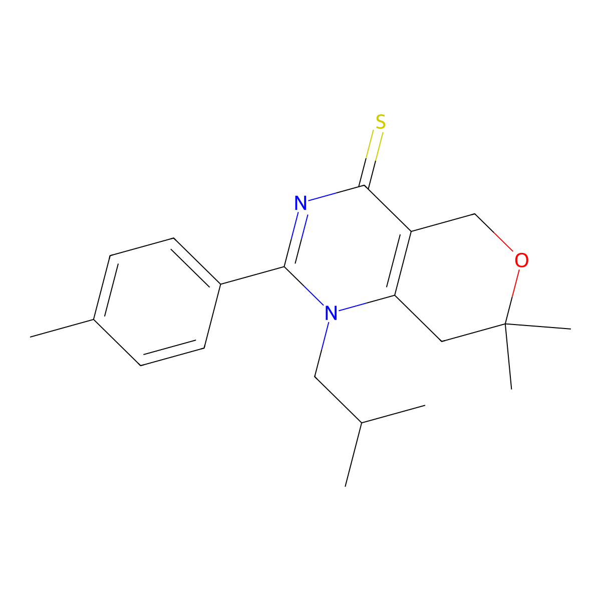 7,7-Dimethyl-2-(4-methylphenyl)-1-(2-methylpropyl)-5,8-dihydropyrano[4,3-d]pyrimidine-4-thione molecular structure, CAS 717892-85-8