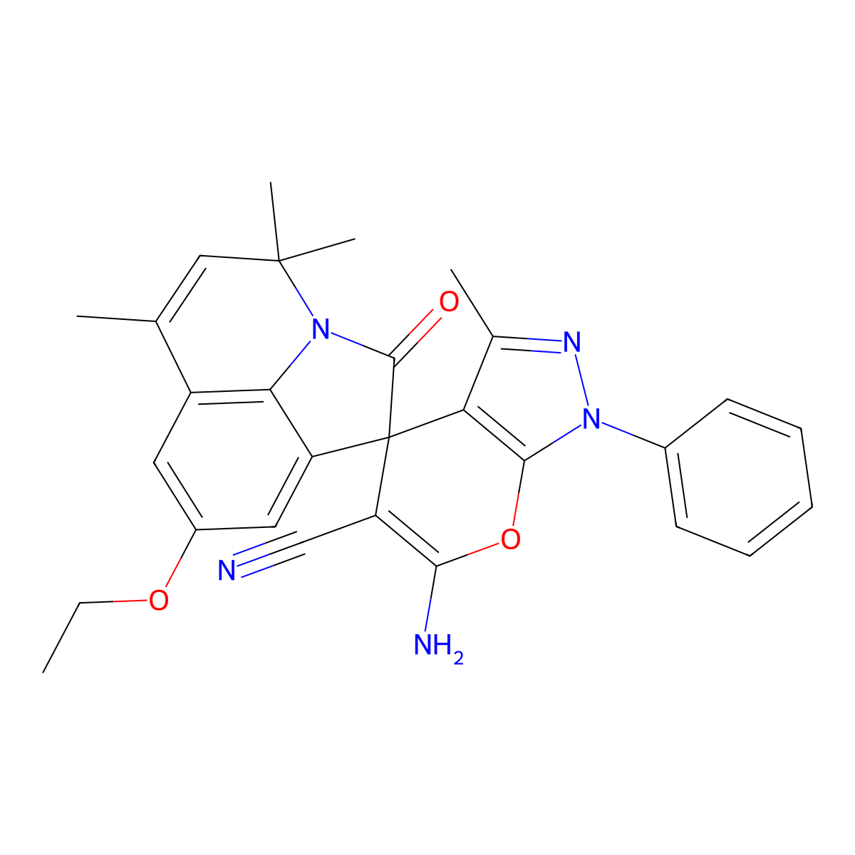 6-amino-8'-ethoxy-3,4',4',6'-tetramethyl-2'-oxo-1-phenyl-1H,4'H-spiro[pyrano[2,3-c]pyrazole-4,1'-pyrrolo[3,2,1-ij]quinoline]-5-carbonitrile molecular structure, CAS 717893-75-9