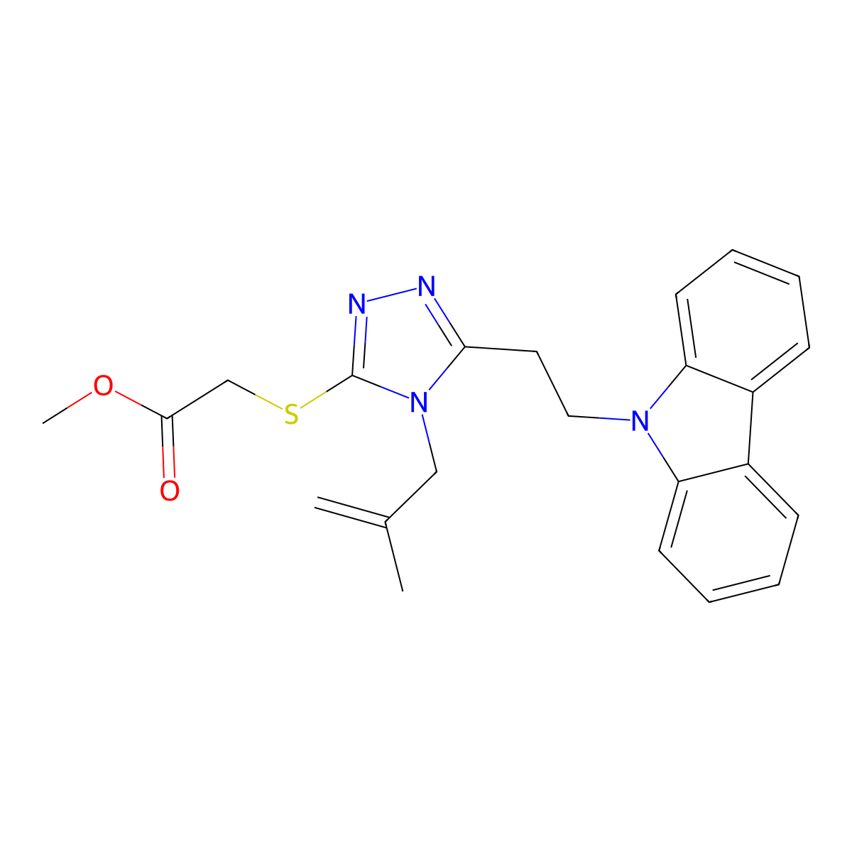 Methyl 2-[5-(2-carbazol-9-ylethyl)-4-(2-methylprop-2-enyl)-1,2,4-triazol-3-ylt hio]acetate molecular structure, CAS 717894-75-2