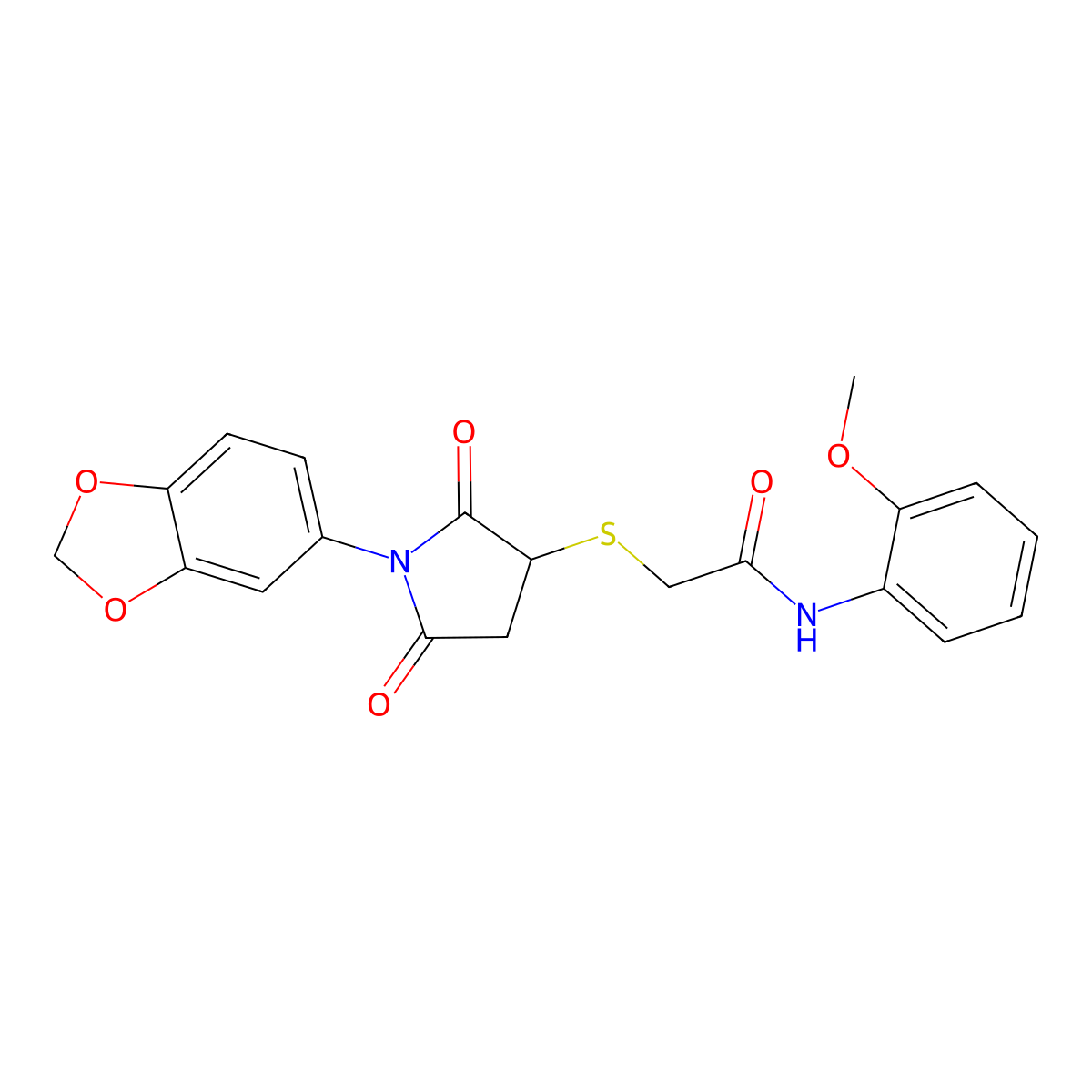 2-[1-(1,3-benzodioxol-5-yl)-2,5-dioxopyrrolidin-3-yl]sulfanyl-N-(2-methoxyphenyl)acetamide molecular structure, CAS 717895-30-2