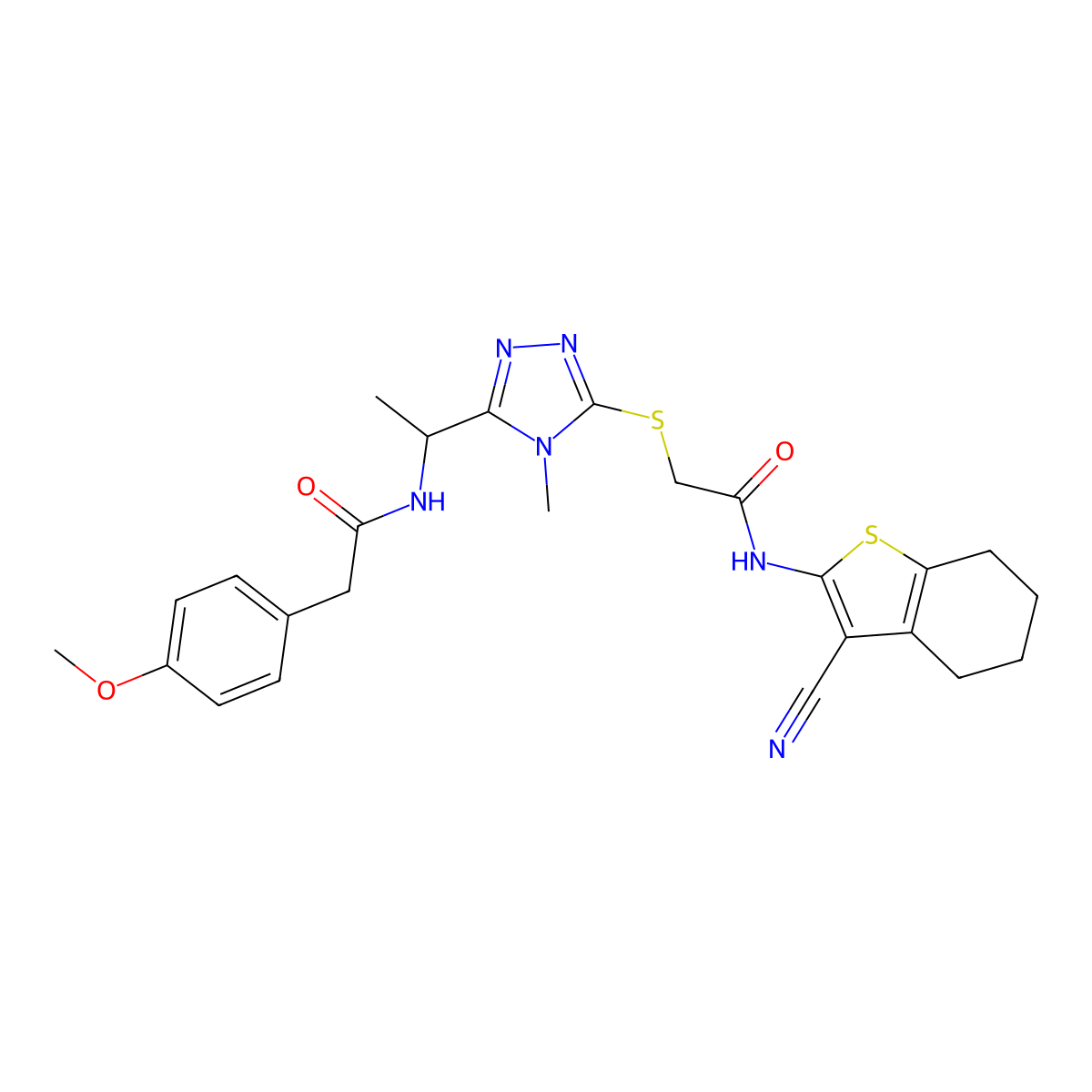 N-{1-[5-({2-[(3-cyano-4,5,6,7-tetrahydro-1-benzothiophen-2-yl)amino]-2-oxoethyl}sulfanyl)-4-methyl-4H-1,2,4-triazol-3-yl]ethyl}-2-(4-methoxyphenyl)acetamide molecular structure, CAS 717896-29-2
