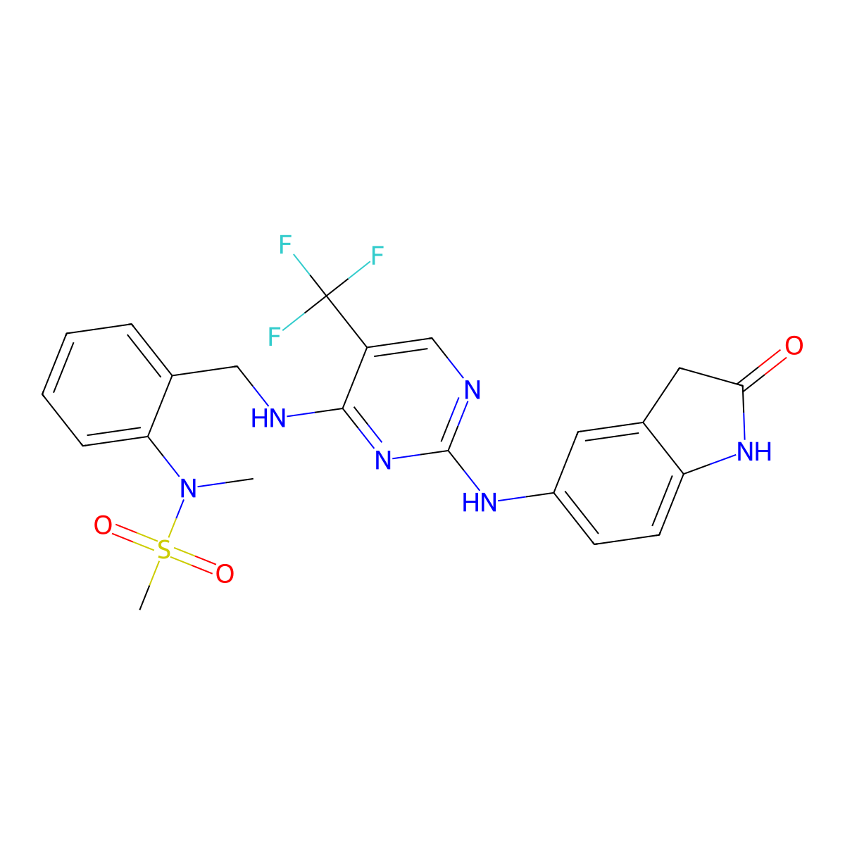 N-Methyl-N-(2-(((2-((2-oxo-2,3-dihydro-1H-indol-5-yl)amino)-5-(trifluoromethyl)pyrimidin-4-yl)amino)methyl)phenyl)methanesulfonamide molecular structure, CAS 717906-29-1