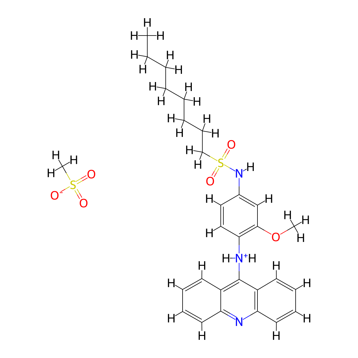 1-Octanesulfonanilide, 4'-(9-acridinylamino)-3'-methoxy-, methanesulfonate molecular structure, CAS 71798-54-4